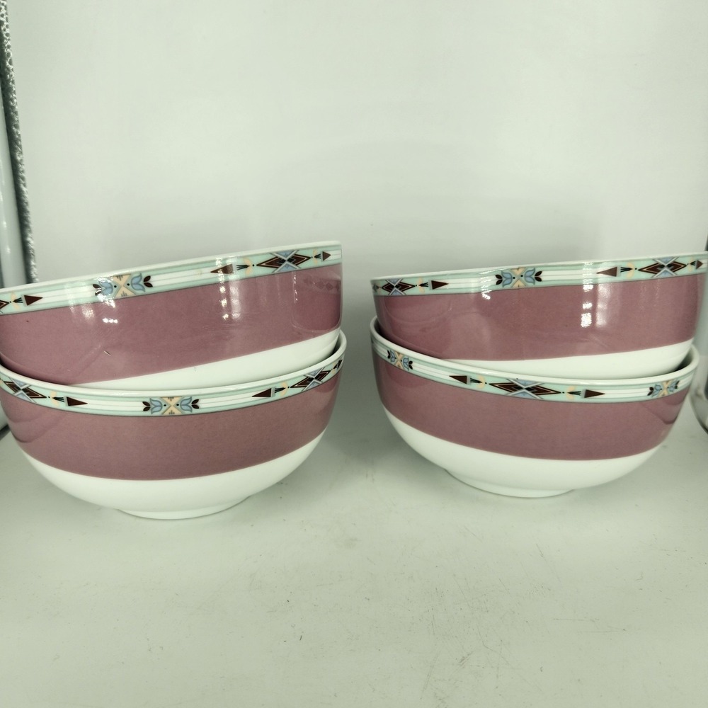 (4) Spode Formal Deco 6" Cereal Bowl Port Merion Geometric Border Pink Band